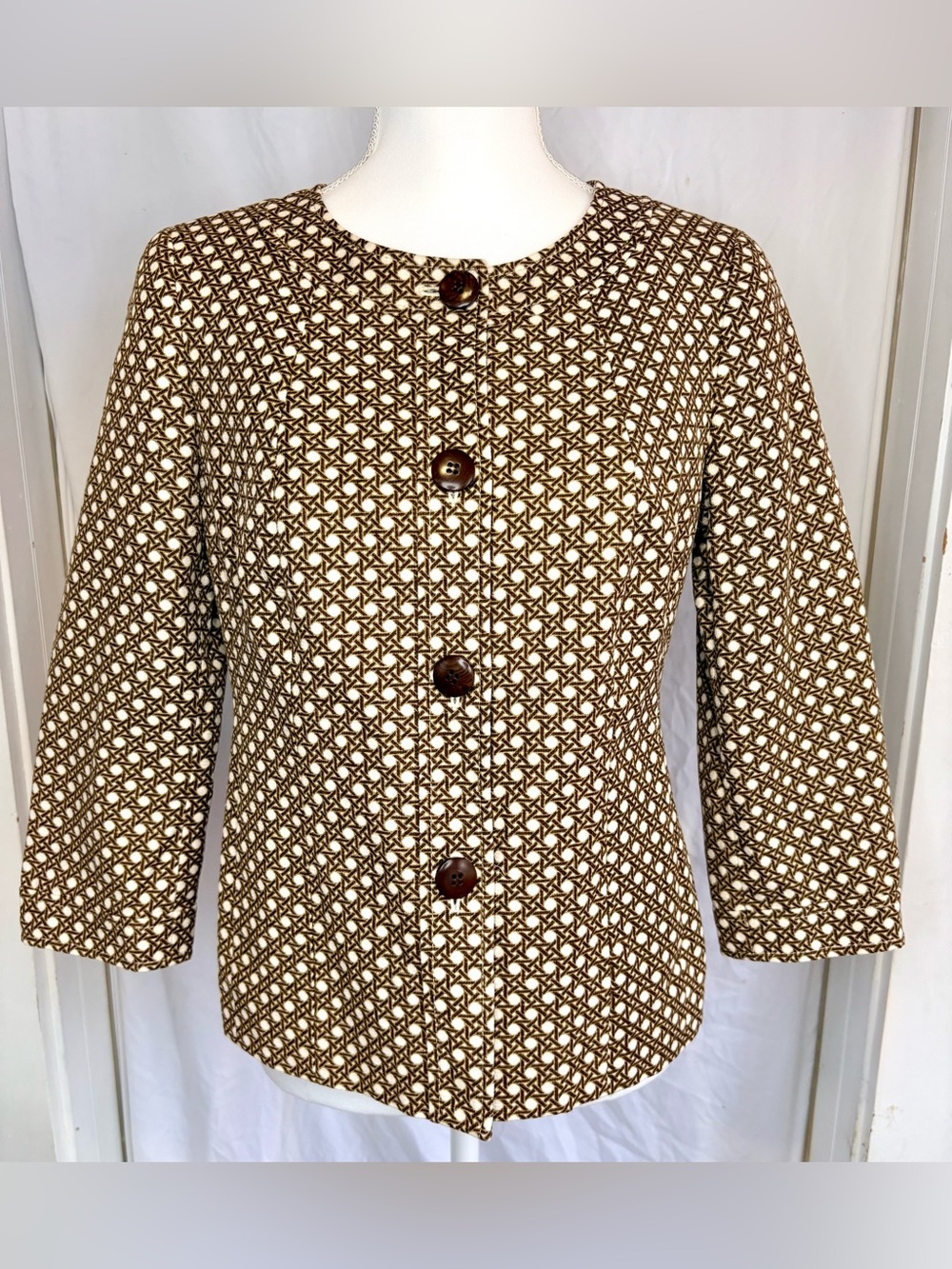 Talbots Geometric Cane Weave Button Front 3/4 Sleeve Lined Jacket Blazer Size 6